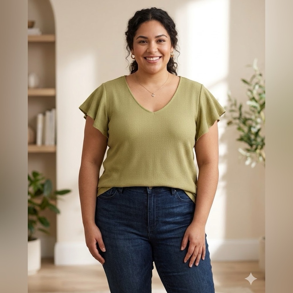 Green Flutter Sleeve Ruffled Blouse